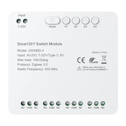 4 csatornás ZigBee kapcsolómodul feszültségmentes DC 32V-os érintkezővel Avatto ZWSMMD-4-32V