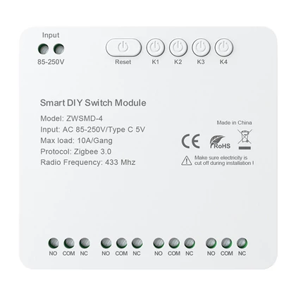 ZigBee 4 csatornás kapcsolómodul feszültségmentes DC 32V-os érintkezővel Avatto ZWSMMD-4-250V